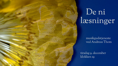 Tæt på et gult blad, begivenhedsdetaljer i hvid tekst på blå baggrund.