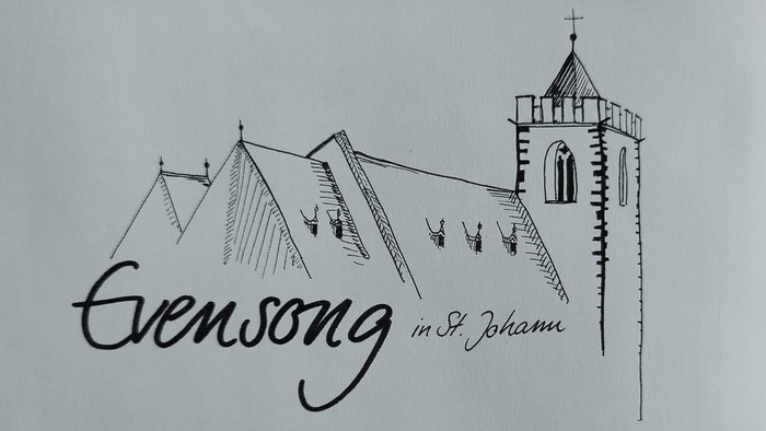 Schwarz-Weiß-Skizze einer Kirche mit der Beschriftung *„Evensong in St. Johann“*