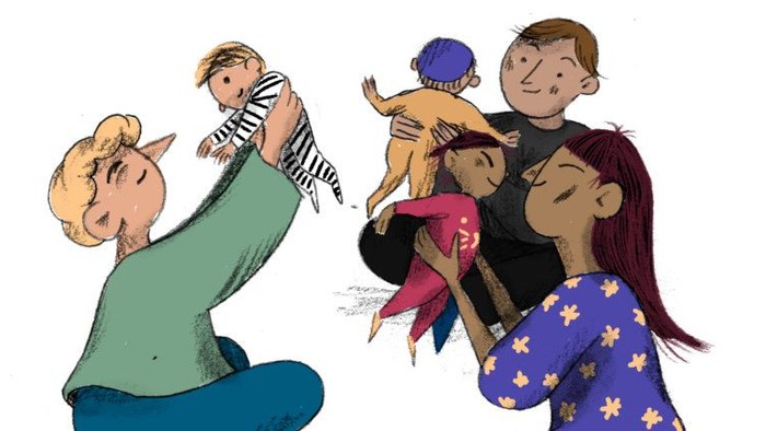 To cartoons er optaget i en lejetid med et par børn.