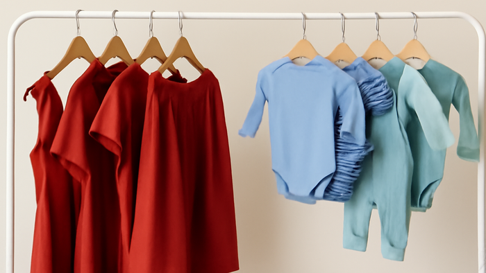 Rote und blaue Babykleidung an Kleiderbügeln