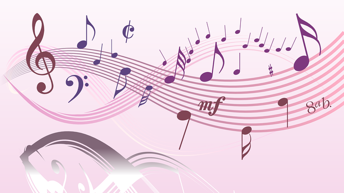 Musikalische Noten und Symbole, die aus Kopfhörern fließen, vor einem rosa Hintergrund.