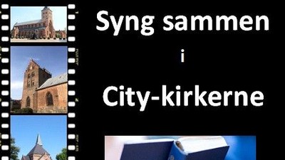 Billedet viser kirker og en person holder en bog med tittelen "Syng sammen i City-kirken"