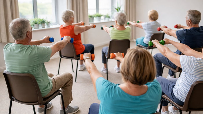 Gruppe von Senioren, die an einem Sitzgymnastikkurs mit leichten Gewichten teilnehmen.