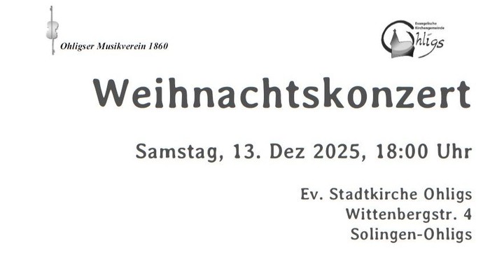 Plakat mit Informationen zum Weihnachtskonzert des Ohligser Musikvereins. Samstag, 13.12.25 um 18.00 Uhr in der Ev. Stadtkirche Ohligs