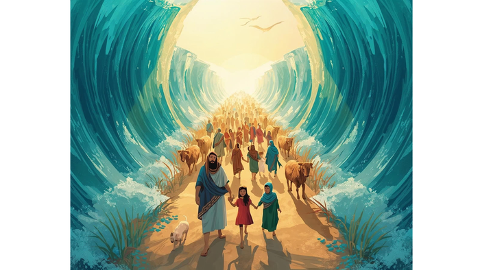 Eine Familie und ihre Anhänger schreiten durch einen göttlichen, wirbelnden Gang auf ein strahlendes, himmlisches Licht zu.