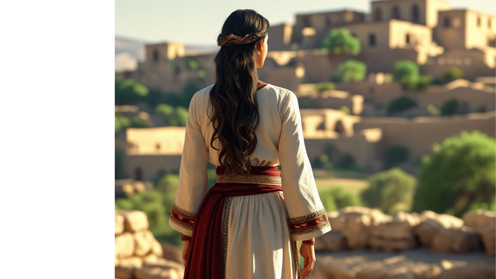 Eine Frau in traditioneller Kleidung steht vor einer antiken Stadtlandschaft.