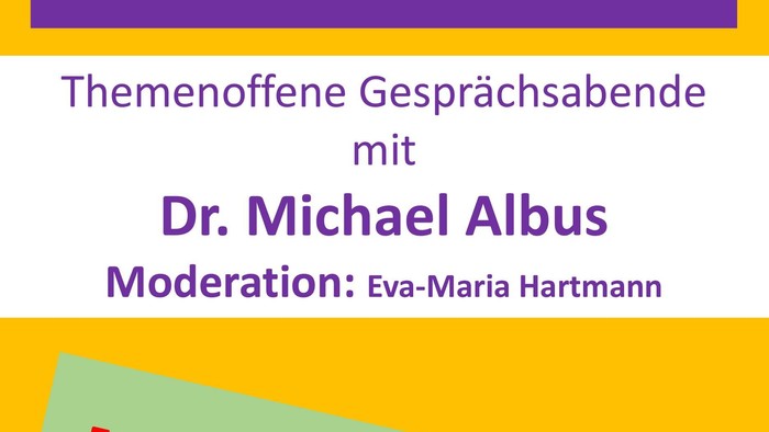 Das Bild zeigt eine Veranstaltung mit Dr. Michael Albus, moderiert von Eva-Maria Hartmann, mit dem Thema "Es geht um Leben und Tod!"
