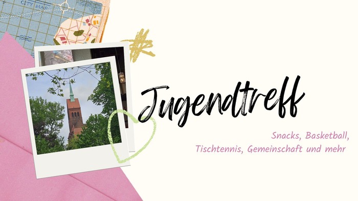 Werbeplakat für den Jugendtreff mit Snacks, Sport und Gemeinschaftsaktivitäten wie Basketball und Tischtennis.