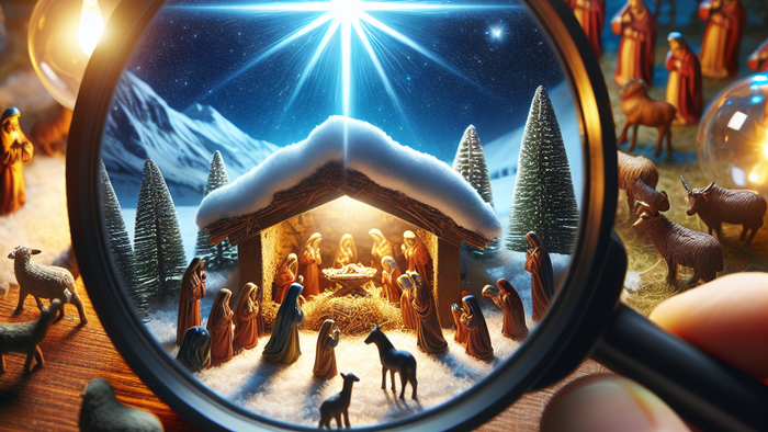 Eine Krippendarstellung wird durch eine Lupe betrachtet.
