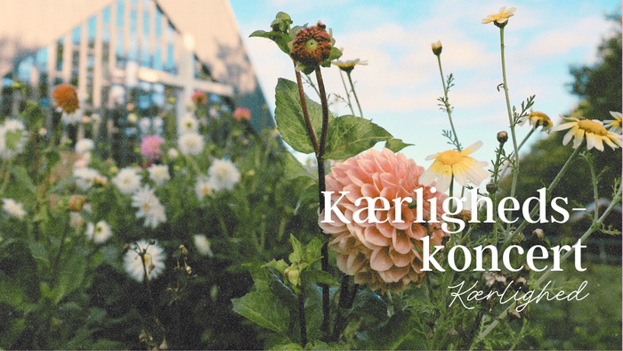 Blomster i forgrunden, bygningskompleks i baggrunden, 'Kærligheds-koncert' skrift