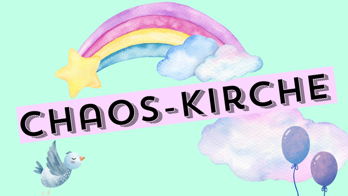 Bunter Regenbogen, Stern, Wolken, Vögelchen und Ballons im Chaos-Kirche Stil