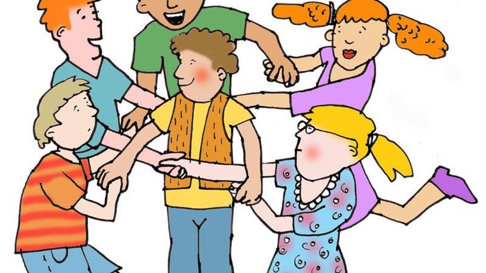 Fünf fröhliche Kinder tanzen in einem Kreis