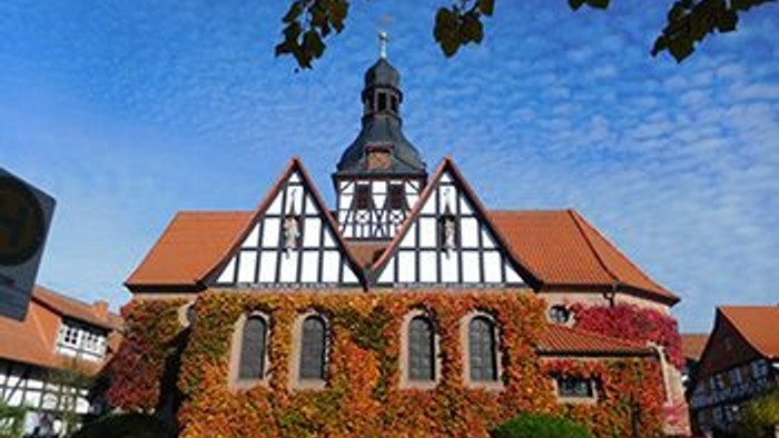 Ein hübsches, altes Gebäude mit rotem Dach und Efeu an den Wänden unter einem klaren blauen Himmel