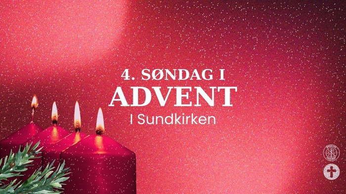 Rød adventslys med tændte væger og tekst 