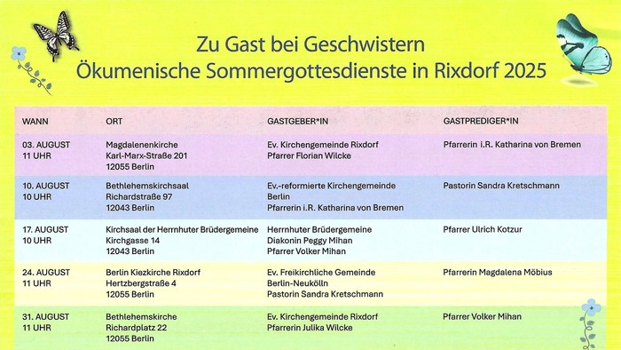 Einladungsplakat zur ökumenischen Sommergottesdienstreihe der Kiezökumene Rixdorf, mit 5 Gottesdiensten an den August-Sonntagen, mit Schmetterlingen und Blumenranken in den Ecken auf hellgrünem Untergrund.
