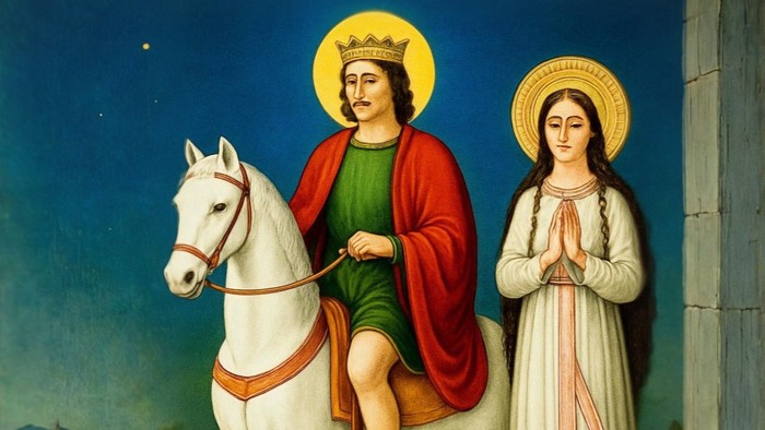 Ein religiöses Gemälde zeigt einen gekrönten Heiligen zu Pferd mit einem betenden Heiligen an seiner Seite.