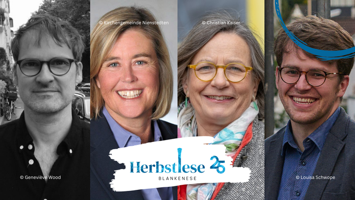 Vier Personen lächeln in verschiedenen Einstellungen, darunter zwei Frauen und zwei Männer, alle tragen Brillen.