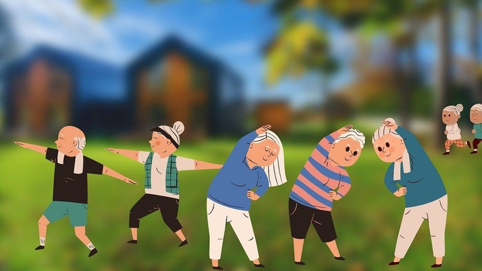 Eine Gruppe älterer Menschen, die fröhlich in einem Park Gymnastik machen und sich dehnen.