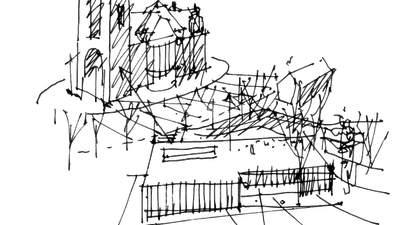 Das Bild zeigt eine skizzenhafte Darstellung eines komplexen Gebäudes mit zahlreichen Ebenen und Brücken.