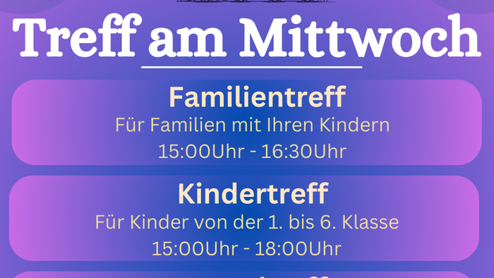 Flyer für verschiedene Treffen in Köln, darunter Familientreff, Kindertreff und Jugendtreff mit Zeitangaben und Adresse