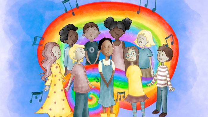 Børn danser og synger i en regnbue
