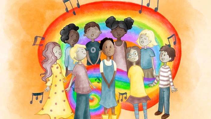 Børn danser og synger i en farverig kreds