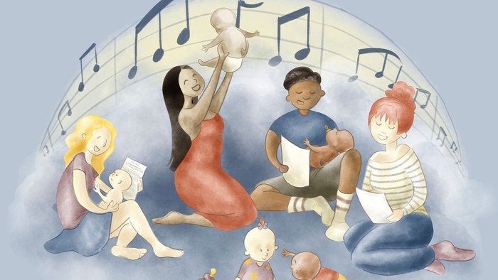 Børn og dyr spiller musik på en himmel med noter