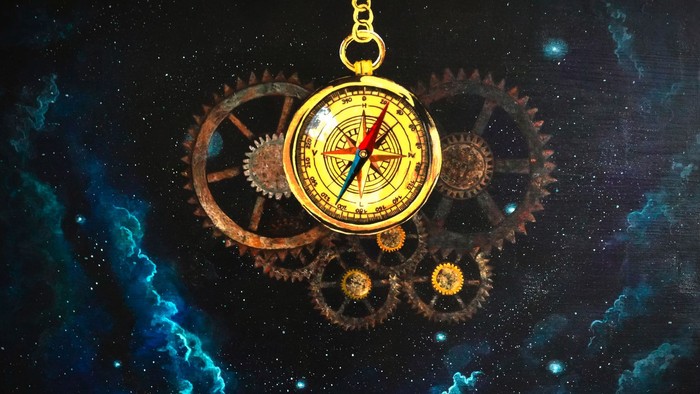 Ein goldener Kompass schwebt inmitten von Zahnrädern im Weltraum