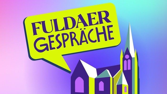 Das Bild zeigt eine bunte Illustration einer Kirche mit einer Sprechblase darüber, in der „FULDAER GESPRÄCHE“ steht.