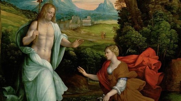 Den opstandne Kristus viser sig for en knælende Maria Magdalene i et frodigt, fredfyldt landskab.