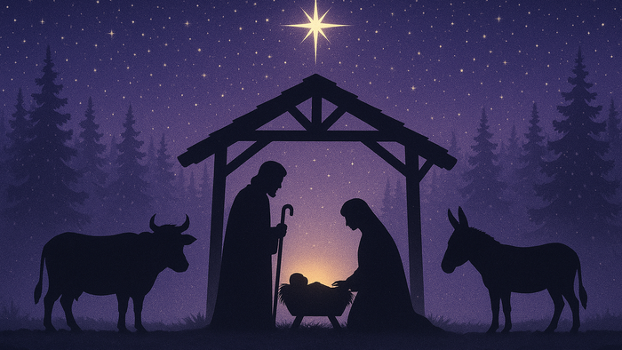 Silhouette einer Weihnachtskrippe mit Stall, Tieren und Figuren unter sternenklarem Nachthimmel.