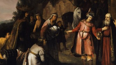 Billedet viser en religiøs scene med flere figurer i historiske klæder.