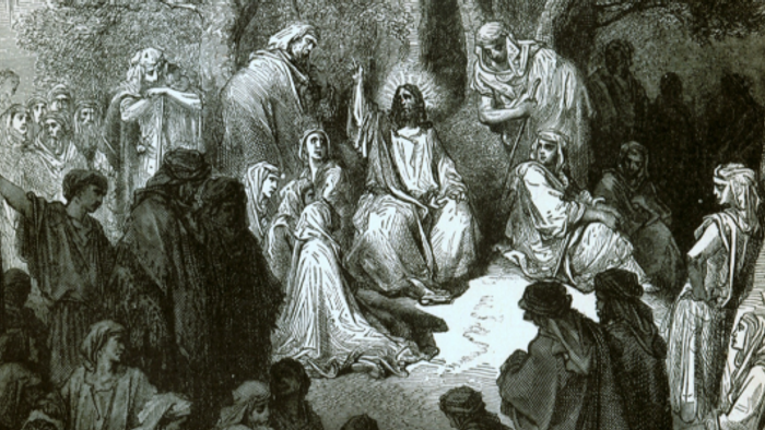 En sort-hvid tegnelse af en religiøs scene med en stor gruppe af figurer.
