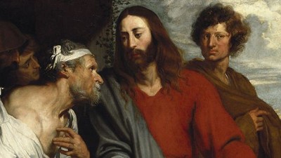Billedet viser tre mænd i samtale, der ser ud til at være fra en religiøs eller historisk kontekst.