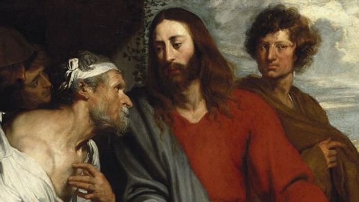 Billedet viser tre mænd i samtale, der ser ud til at være fra en religiøs eller historisk kontekst.