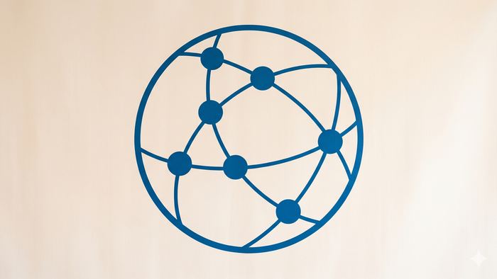 Abstraktes Netzwerkdiagramm mit miteinander verbundenen Knoten, die ein kreisförmiges Muster in Blau bilden.