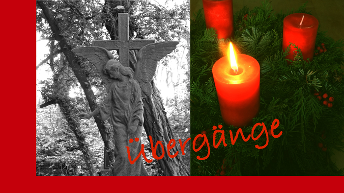 Kreuz mit Engelsstatue, Kerzen und immergrünen Zweigen mit der Aufschrift *„Frohe“*