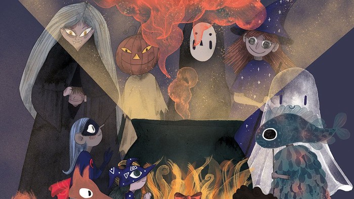 En gruppe skikkelser i Halloween-tema, inklusive en kæledyr, i en mørk og spøgelsesagtig miljø.