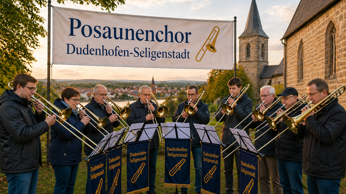 Ein Blechblasorchester namens Posaunenchor aus Dudenhofen-Seligenstadt, das im Freien in der Nähe einer Kirche spielt.
