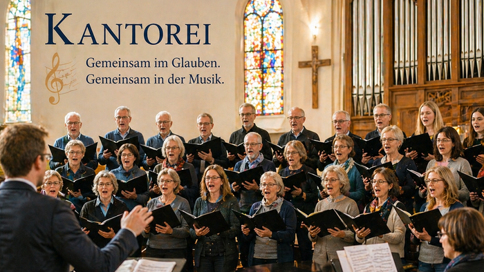 Ein Chor singt gemeinsam in einer Kirche, dirigiert von einem Dirigenten mit einem Klavier und einer Orgel im Hintergrund.
