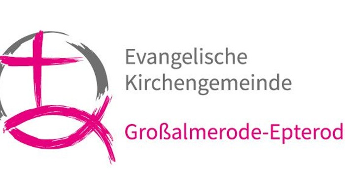 Logo der **Evangelischen Kirchengemeinde Großalmerode-Epterode** mit einem rosa Kreuz- und Kreismotiv.