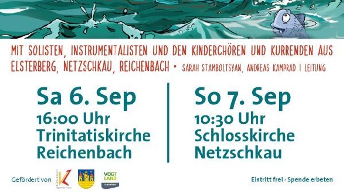 Das Plakat wirbt für eine Kinderaufführung von "Petrus" mit Vorstellungen am 6. und 7. September.