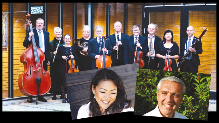 En gruppe musikere med forskellige instrumenter, en kvinde med smil og en mand i naturen