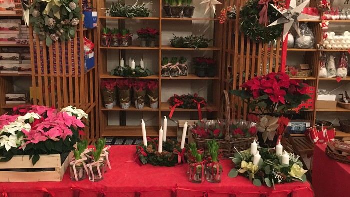 En juleudstilling med strømper, blomster og pynt.