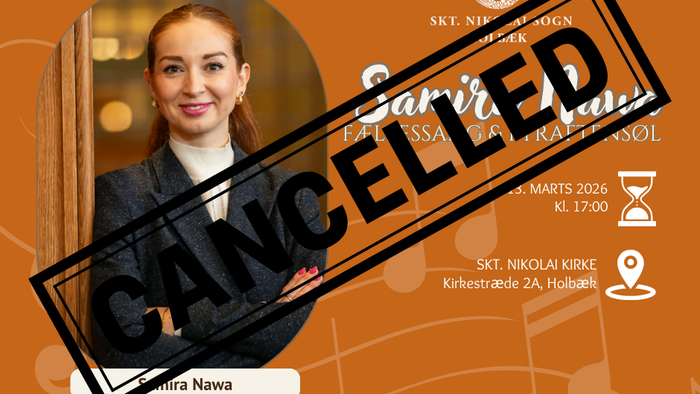 **Aflyst koncertmeddelelse med kunstneren Samira Nawa – aflysningsstempel over begivenhedsoplysningerne.**
