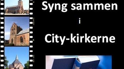 Billedet viser kirker og en person holder en bog med tittelen "Syng sammen i City-kirken"