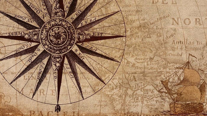 Antike nautische Karte mit detaillierter Kompassrose und karibischer Region sowie einer Schiffillustration.