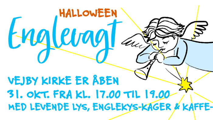Halloween-englevagt med levekys, kaffebønner og aktiviteter for børn.