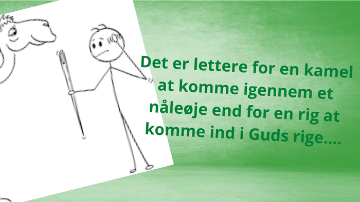 En kamel og en person med kamellet og en tekst om Gud.