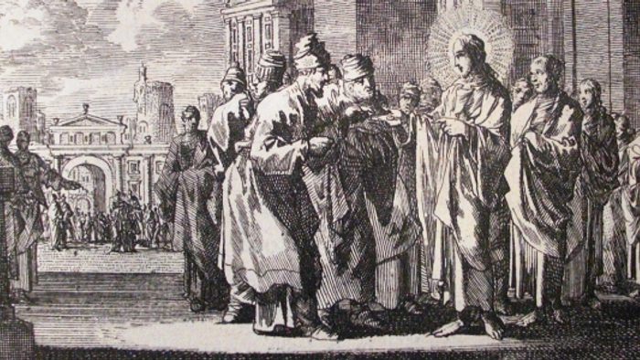 En historisk illustration af en religiøs samling med præster og en helgen.